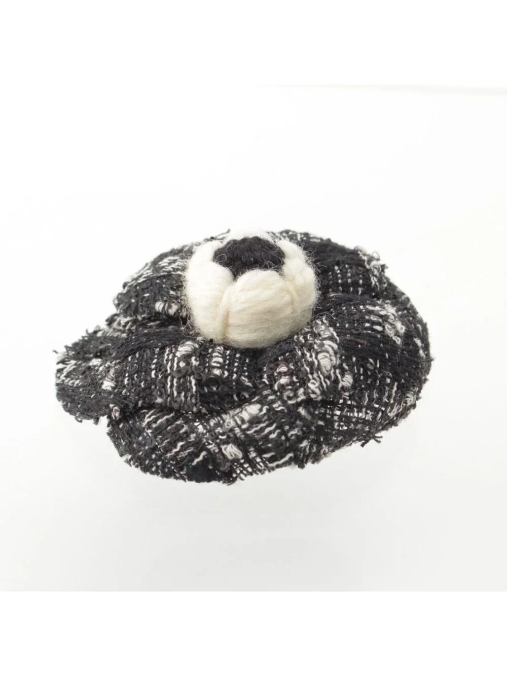 Chanel Tweed Wool Contrast Flower Motif Corsage Brooch Black White